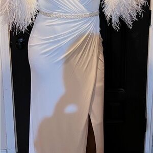 Jovani White Long Sleeve Dress with Feather Details